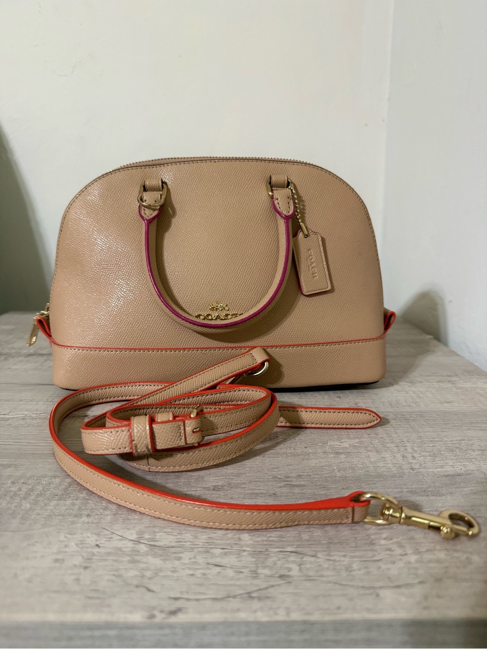 Coach Beige Crossbody Dome Satchel with Pink and Orange Trim